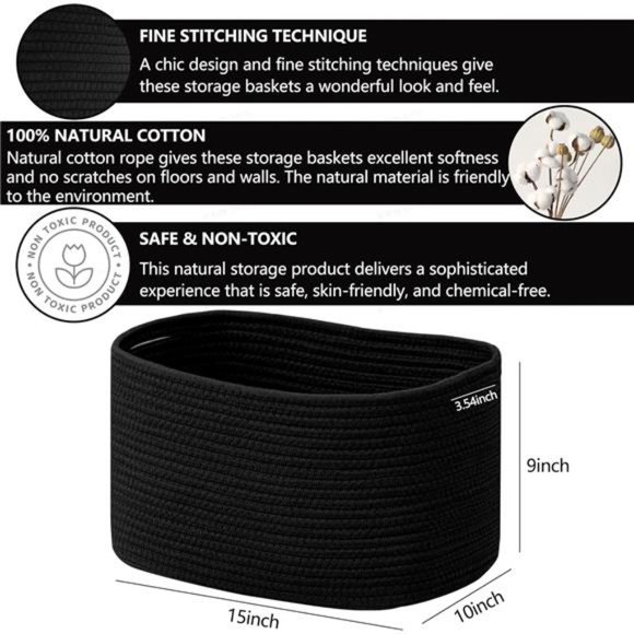 Set of 3 Oval Basket Larger Woven Cotton Rope Cube Storage Basket, 15x10x9'' - Picture 3 of 6